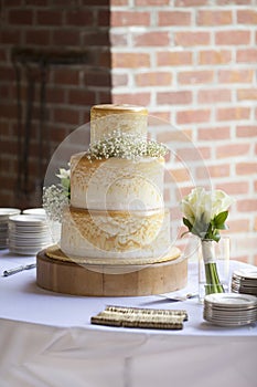 Three tiered wedding cake at reception