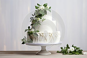 Three-tiered white wedding cake decorated with flowers and green leaves