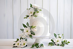 Three-tiered white wedding cake decorated with flowers and green leaves