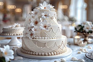 Three-tiered white wedding cake with flowers against the background of wall in banquet hall.