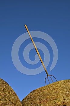 Three tined pitch fork stuck in hay bale photo