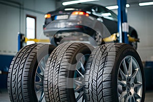 Three tires with distinct tread patterns, displayed in a workshop with a car on a lift in the background photo