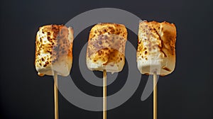 Three Toasted Marshmallows On Sticks With Varying Degrees Of Charring Against A Dark Background