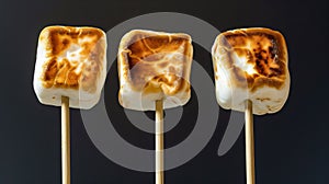 Three Toasted Marshmallows On Sticks With Varying Degrees Of Charring Against A Dark Background