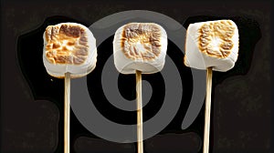 Three Toasted Marshmallows On Sticks With Varying Degrees Of Charring Against A Dark Background