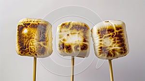 Three Toasted Marshmallows On Sticks With Varying Degrees Of Charring Against A Light Background