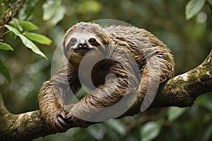 The three toed sloth is climbing on a tree photo