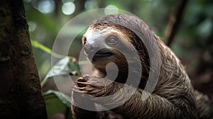 Three Toed Sloth in tree in Costa Rica Rainforest