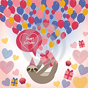 Three-toed sloth on white background. happy birthdaycard. Heart, gift box, balloons, birthday cake, hat. Blue, pink, orange.