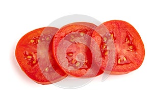 Three tomato slice isolated on white background. Top view