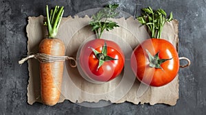 Three tomatoes and a carrot tied to string on paper, AI