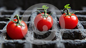 Three tomatoes are growing in a grid of grates, AI