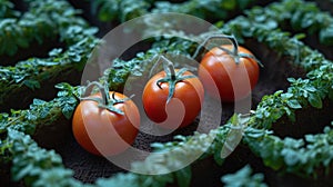 Three tomatoes are growing in a row of plants, AI