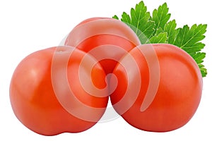 three tomatoes with leaf isolated on white background.