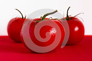 Three tomatoes on a red and white background