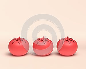 Three tomatos side by side with flat solid red color in white background, 3d Icon, 3D rendering, vegetable