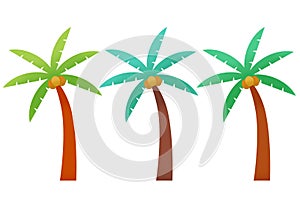 Three tones of three coconut palm trees from tropical island.