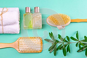 Three towels, body care oils, a green branch, sprout and a brush stand on a green background. The concept of spa treatments, a