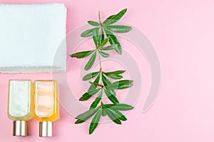 Three towels, body care oils and a green branch stand on a pinc background. The concept of spa treatments, a healthy body