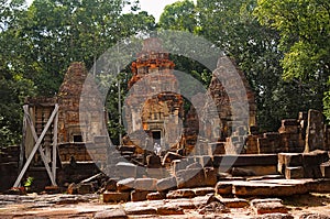 Three towers, Prasat Preah Ko, The Sacred Ox, Roluos, Cambodia. Circa Late 9th century.