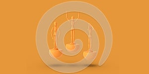 Three toy man of orange color on a sports abstract pedestal. Minimal concept: winner, loser. 3D render