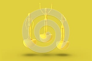Three toy man of yellow color on a sports abstract pedestal. Minimal concept: winner, loser. 3D render