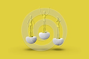 Three toy man of yellow color on a sports abstract pedestal. Minimal concept: winner, loser. 3D render