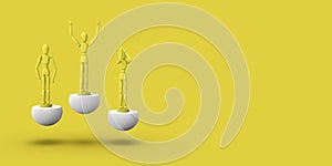 Three toy man of yellow color on a sports abstract pedestal. Minimal concept: winner, loser. 3D render