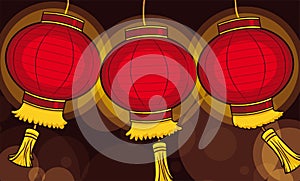 Three traditional Chinese lanterns illuminating the night, Vector Illustration