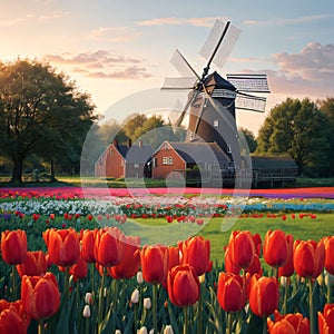 three traditional Dutch windmills of Zaanse Schans and rows of tulips in the Net...