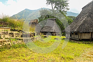 Three traditional houses in the Wologai village near Kelimutu in East Nusa Tenggara taken on April