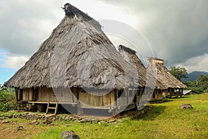 Three traditional houses in the Wologai village near Kelimutu in East Nusa Tenggara taken on April