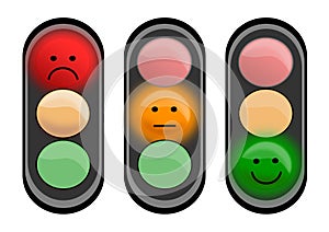 Three traffic lights with smiley faces