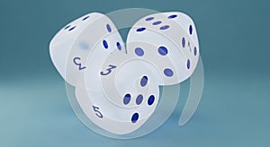 Three Translucent White Dice with Blue Dots Floating Against a Blue Background gambling game