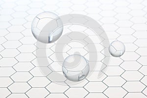 Three transparent balls spheres flying on an honeycomb glass pattern with copy space for your text