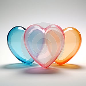 Three transparent glass heart shapes