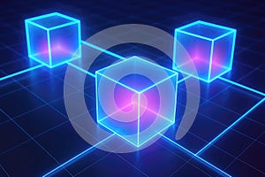 Three transparent neon blue cubes interconnected on a digital grid background blockchain network