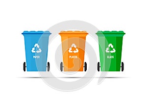 Three trash cans garbage bins with recycle mark on a white background. Vector illustration.