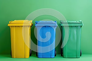 Three trash cans on green wall background. Plastic containers for sorting garbage on a green background. Waste processing