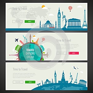 Three Travel and Tourism Headers, Banners with famous Landmarks. Vector