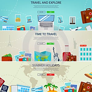 Three Travel and Tourism Headers, Banners. Summer holidays, travel and tourism concept. Website templates. Vector