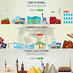 Three Travel and Tourism Headers, Banners. Summer holidays, travel and tourism concept. Website templates. Vector