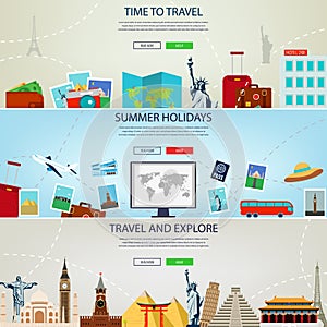 Three Travel and Tourism Headers, Banners. Summer holidays, travel and tourism concept. Website templates. Vector