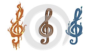 Three treble clefs, fire, water and wood. Unusual key. Graphic resource on a musical theme. Interesting music, notes, treble clef