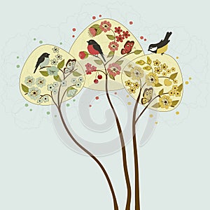 Three trees with cute birds