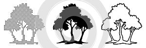 Tree in Three Visual Styles Solid Silhouette, Dot Matrix, and Outline Drawing with Branch Structure