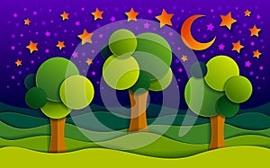 Three trees in the night in the field scenic nature landscape cartoon modern style paper cut vector