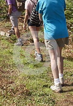 Three trekkers wearing boots walking on a trail