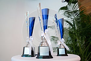Three Trophies on circle white table with tree leaf background in Seminar hall
