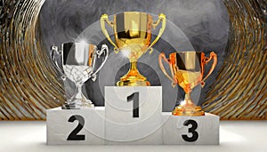 Three Trophies or Cups on the Podium of the Winners - Generative Ai